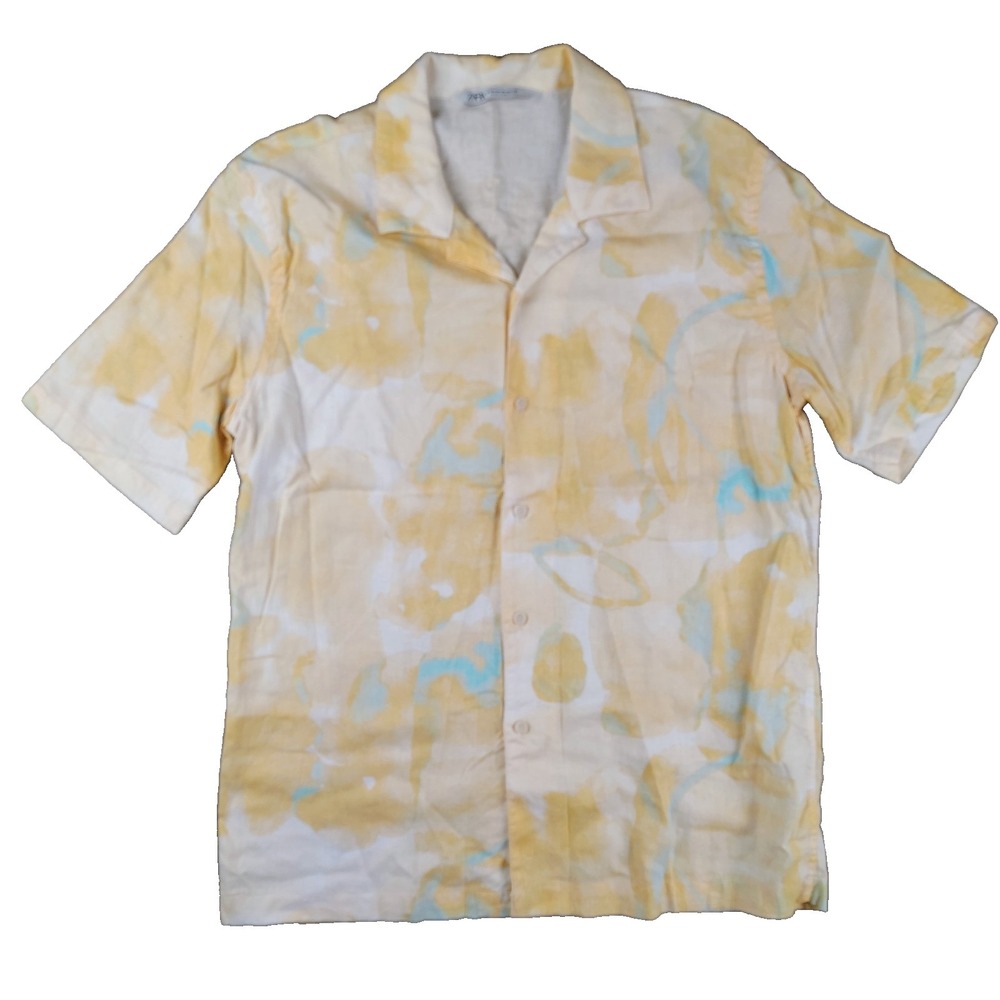 ZARA Button Down Shirt Men Medium Yellow Floral Linen Blend Camp Short Sleeve